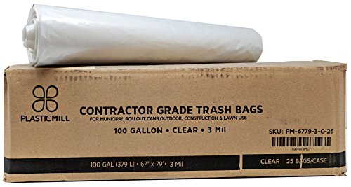 PlasticMill 100 Gallon Contractor Bags: Clear, 3 Mil, 67x79, 25 Bags.