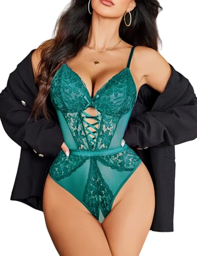 Avidlove Plus Size Women Lingerie Lace Teddy Bodysuit Going Out Tops Deep V Neck Body Suits Strap Sexy Outfits Blue Green