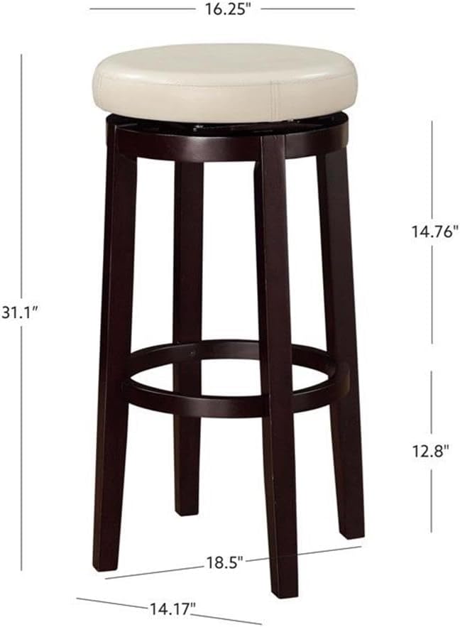 29" Transitional Wood Swivel Bar Stool, Rice White Finish, Faux Leather Upholstered Seat, Foam Padding, Round Seat, Durable Bar Height Stool for Kitchen, Bar or Counter Seating