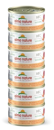 almo nature HFC Natural Megapack, alimento húmedo para Gatos – Atún y camarones – (6 latas de 70 g)