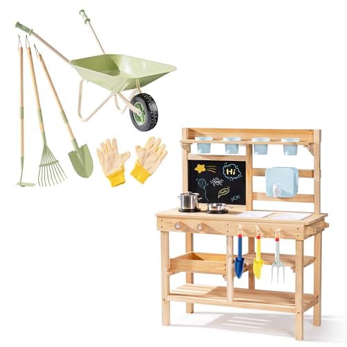 ROBOTIME Mud Kitchen &amp; Kids Wheelbarrow Set, Wooden Outdoor Play Kitchen with Real Water Flow, Planting Tools &amp; Metal Wheelbarrow, Backyard Sensory Play and Gardening Toy Bundle for Kids Ages 3+