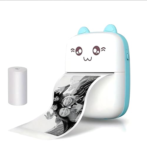Image of MANSAA Mini Thermal Printer, Portable Bluetooth Pocket Printer for Android & iOS, Cute Cat Inkless Thermal Printer, USB Rechargeable Sticker & Label Printer for Notes, Study & Photos (White & Blue)