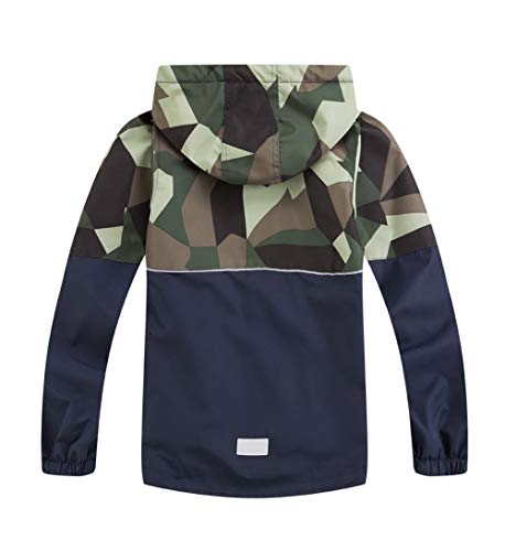 LAUSONS Kinder Gefütterte Regenjacke Jungen Camouflage Wasserdicht Jacke Leichte Übergangsjacke mit Abziehbar Kapuze Armeegrün DE: 128-134 (Herstellergröße 130)