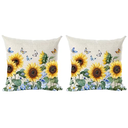 Ramirar Set of 2 Ink Painting Watercolor Yellow Sunflowers Butterflies Summer Decorative Throw Pillow Cover Case Cushion Home Living Room Bed Sofa Car Cotton Linen Square 18 x 18 Inches