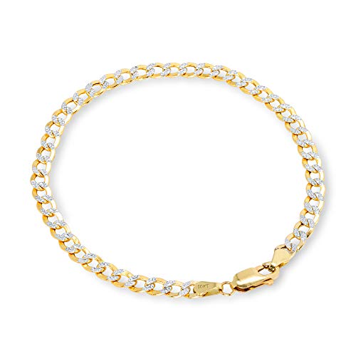 Nuragold 10k Real Yellow Gold Cuban Curb Link 4.5mm Diamond Cut Pave Chain Bracelet (7"-9") Two Tone Italian Jewelry for Men & Women4