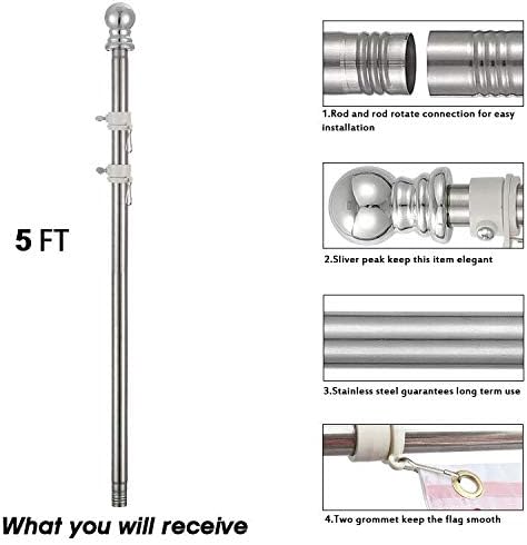 TALITARE Flag Pole,5FT Flagpole Kit with Rotating Rings American Flag Stainless Steel Heavy Duty for Garden Yard Truck Boat Rustproof Suits for Commercial(Silver Flag Pole only, 5FT)
