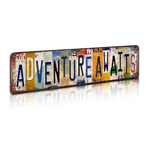 Adventure Awaits Vintage Metal Tin Sign - Rustic Inspirational Wall Art for Home, Office, Cabin, Travel Décor - 4x16 Inch