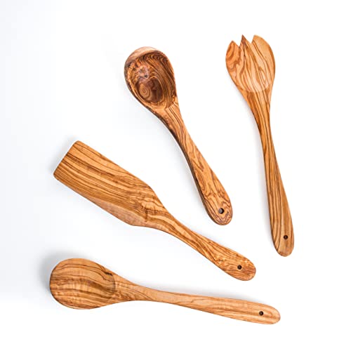 Darido Kochlöffel aus natürlichem Olivenholz 4er Set - ca. 30 cm - handgefertigt - hitze- und kratzbeständig - Küchenutensilien - Holzlöffel, Kelle, Schöpflöffel, Salatbesteck