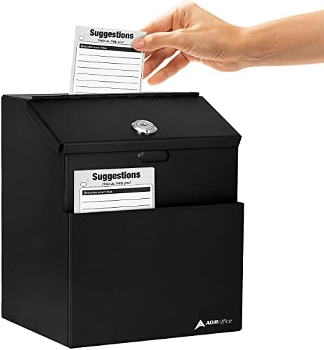 Adir Metal Suggestion Box with Lock - Wall Mountable Donation Box Collection Box Ballot Box Key Drop Box with 25 Free Suggestion Cards - (7x8.5x6 Inches, Black)