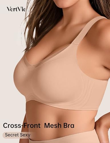 Image of Vertvie Wireless Jelly Bra Seamless Supportive Crossover | Full Coverage & Lift, Mesh V-Neck, No Underwire, Back Smoothing, Push Up, Plus Size, All-Age Comfort, Everyday T-shirt Bra