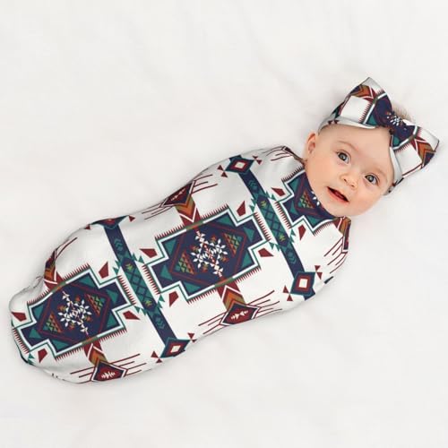 Image of Western Southwest American Aztec Baby Stuff Swaddle Blanket Wrap Baby Newborn Blanket Soft Stretchy with Headband Hat Set Gift for Infant Boy Girl