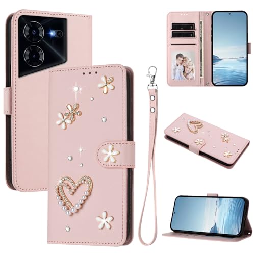 Jiajihua Case Compatible with Tecno Pova 5 Pro 5G Lanyard【Card Holder Wallet Flip Cover Magnetic Buckle Kickstand】 Pink
