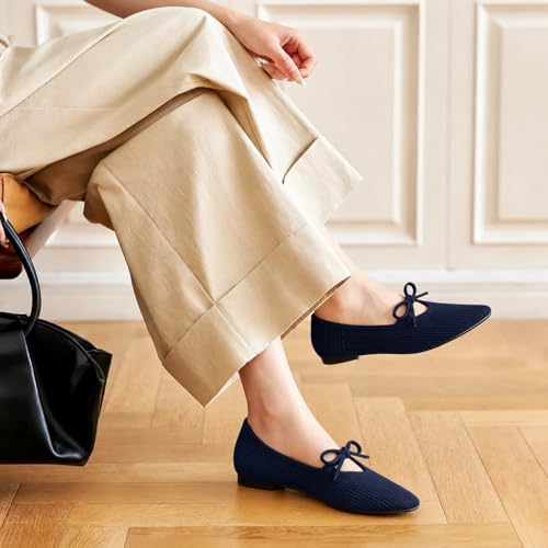 Image of TINGRISE Women's Pointed Toe Flats Comfortable Knit Ballet Shoes Washable Dressy with Bow Business Casual Work Shoes