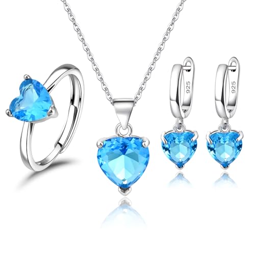 Desnuage 925 Silver Heart shaped Aquamarine Jewelry Set for Women Necklace Earrings Ring 3 Piece Gift Set for Mom Wife Girlfriend Pendant Jewelry for Daily Wear Birthday Gift