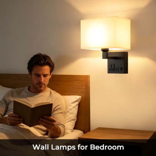 Image of Plug in Wall Sconces, Wall Lamp with Black Base Square lampshade | Wall Lights for Bedroom Bulb Included, Wall Mounted Lamp with 3 Color Temperature, Bedside Lamps with USB Ports and AC Outlet