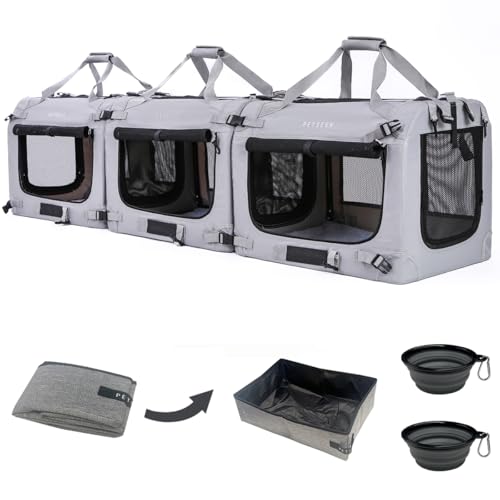 Image of Extra Large Cat Carrier Soft Sided, Portable Small Dog Carrier for 2 Cats, 24 inchx16.5 inchx16 inch Car Travel Folding Comfortable Design with Litter Box and Bowls, Grey-3+ Litter Box+ Bowls