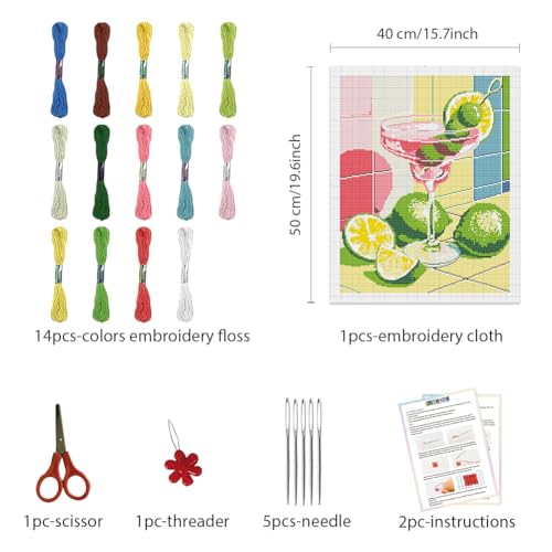 Image of FREEBLOSS 11CT Cocktail Stamped Cross Stitch Kits Full Embroidery Kits with Instruction Cross Stitch Wall Hanging Kit for Needlepoint Adults Wall Art Decoration 16x20in /40x50cm