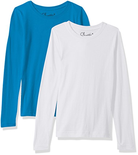 Clementine Big Girls Everyday T-Shirts Long Sleeve Crew 2-Pack, White-Torquoise, L
