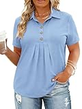 Plus Size Tops for Women Casual V Neck T Shirts Summer Polo Collar Fashion Lightweight Button Blouses 4X Blue