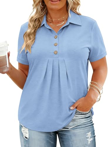 VOGRACE Plus Size Tee Shirts for Women Loose Fit Polo Lapel Tops Dressy Button Cute Swing Short Sleeve Tunics 5Xl Blue