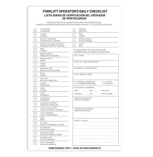 20 Pack Forklift Operator Daily Checklist,Single Copy Contains 30 Sheets, Bilingual Forklift Checklist Inspection Book,2-Ply,Carbonless,Daily Educational Training Reference for Workplace Safety