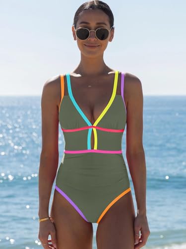 Image of popvil Women One Piece Swimsuit 2026 Tummy Control Sexy Cutout Neon Color Block Bathing Suit Slimming Adjustable Swimwear