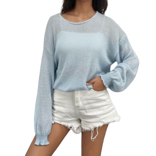Image of Velius Women Crochet Hollow Out Long Sleeve Lightweight Pullover Sweater