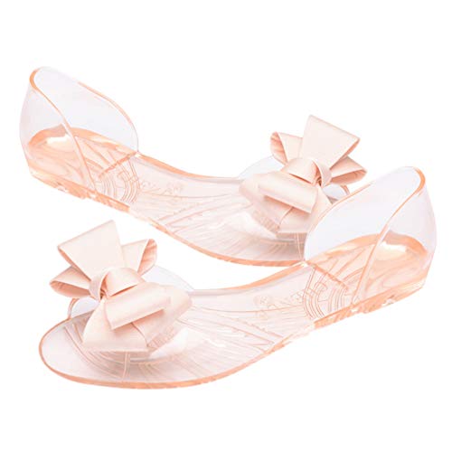 Women Jelly Shoes Bowknot Sandals Flat Summer Beach Footwear Fashionable and Comfortable for Daily Wear for Dresses and Pants Beige4