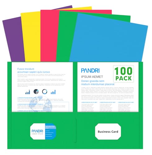 Two Pocket Folders, PANDRI 100 Pack 2 Pocket Folders, Letter Size Paper File Folder for School Office Home Business, Assorted 5 Colors by PANDRI - Used condition - US$30.59