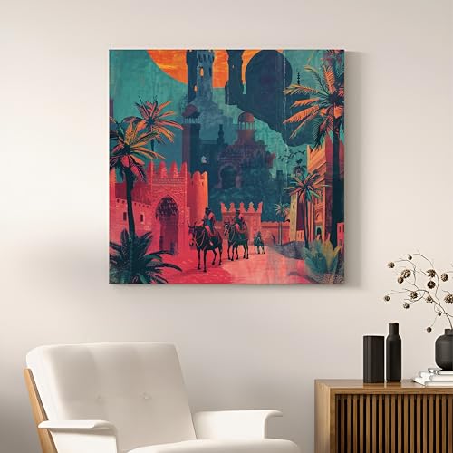 Image of Royal Desert City Stretched Canvas Wall Art Painting for Living Room | Vintage Arabian Landscape Artwork Painting with | Ethnic Decorative Wall Decor for Home & Office
