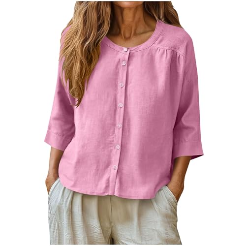 Image of Cotton Linen Shirts for Women UK Crew Neck 3/4 Sleeve Button Down Tshirts Casual Smart Solid Color Blouses Ladies Slim Fit Tunic Tops Spring Summer Breathable Holiday Comfy Tee Shirt Pink