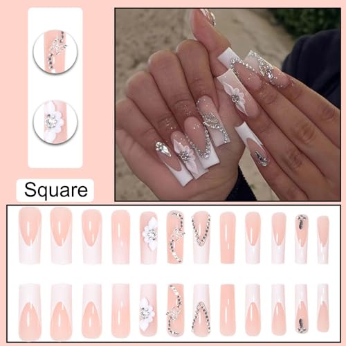 White Press on Nails Long Square BAOYAALIN, Rhinestones Fake Nails with 3D Butterfly Design Gel Glue on Nails for Women Girls Full Cover Acrylic Artificial False Stick on Nail for Wedding 24Pcs - Thumbnail 2