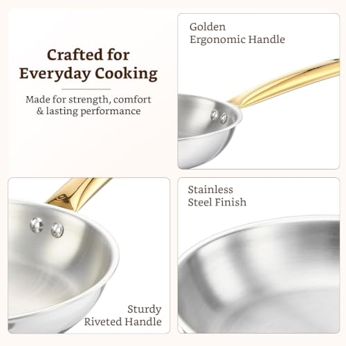 Image of Amazon Brand - Solimo Premium Triply Stainless Steel Frypan 24cm (1.7L) | Even Heating Triply Base | Gas & Induction Compatible | SS 304 Food-Grade | Dishwasher Safe | Elegant Golden Handles | BIS Certified