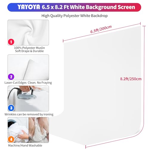 White Backdrop with Stand, 6.5x8.2 ft White Photo Backdrop Curtain with 7.5x7.9 ft Background Stand, Portable Back Drop Support Kit with Carrying Bag, 5 Strong Spring Clamps by YAYOYA - Image 4