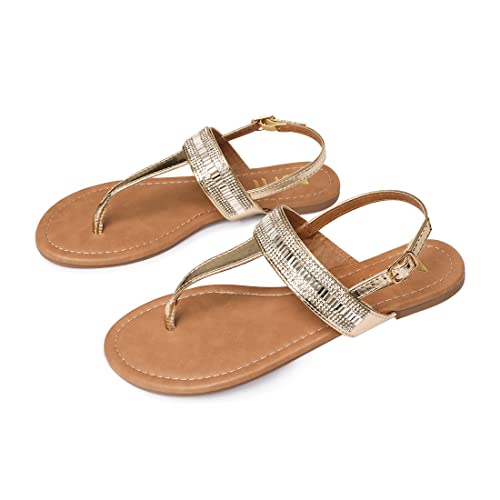 Nitti Women's Flat Thong Sandals With T-Strap And Adjustable Ankle Buckle Sandal Fashion Rhinestone Dress Sandals (Gold, Numeric_9) #TOP4