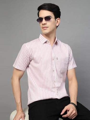 Image of Majestic Man Men's Pure Cotton Striped Half Sleeve Regular Fit Shirt