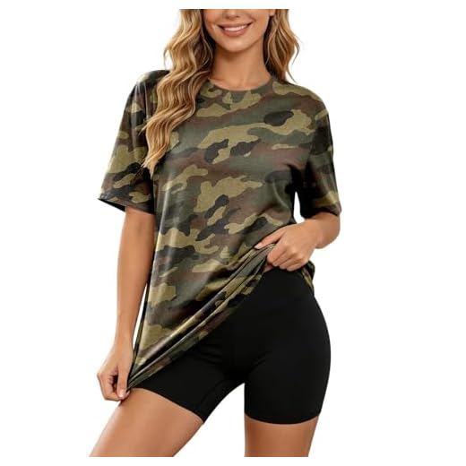 Générique T‑Shirt Femme Camouflage Style Militaire Col Rond Manches Courtes Coupe Ample Randonnée Quotidien