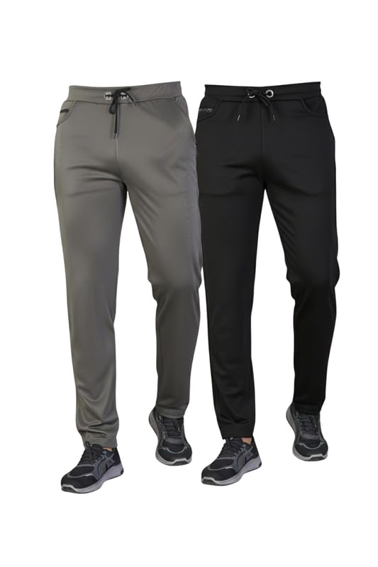 kaido Men's Pack of 2 Treckster Stretch Pants with Elastic Drawstring, Breathable Polyester, Regular Fit Black,Drak Grey-picture-30