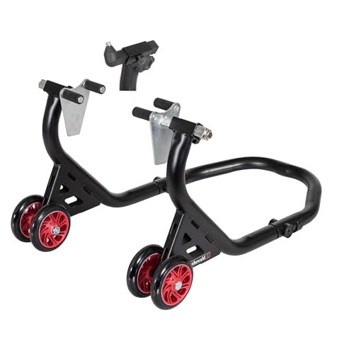 Rothewald Front-Motorradheber aus Stahl, Universal-Pinadapter, bis 300 kg, Hohe Stabilität & Standfestigkeit, Montageständer, mit Doppelrollen, Leichtes Aufbocken