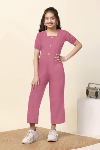 Image of Fashion Dream Girl's Ankle Length Solid Jumpsuit (FDGJMP00086 PNK 36 Pink 11-12 Yrs)