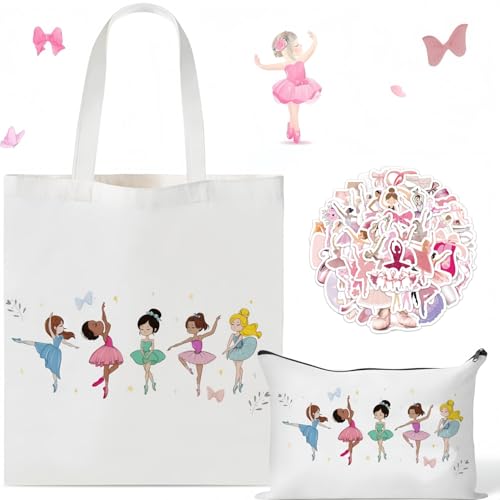 Ballerina Girls Canvas Bags, 2pcs Cute Ballerina Canvas Bags And Makeup Bag, Reusable Grocery Shopping Bag, Performance Gifts, Birthday And Christmas Dance Competition Gifts