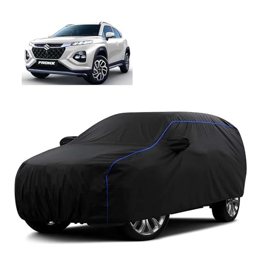 Image of Sulfar 100% Water Resistant Car Body Cover Compatible with Mirror for Maruti Suzuki Fronx (Triple Stitched, Full Bottom Elastic, Black Tafetta with Blue Piping)