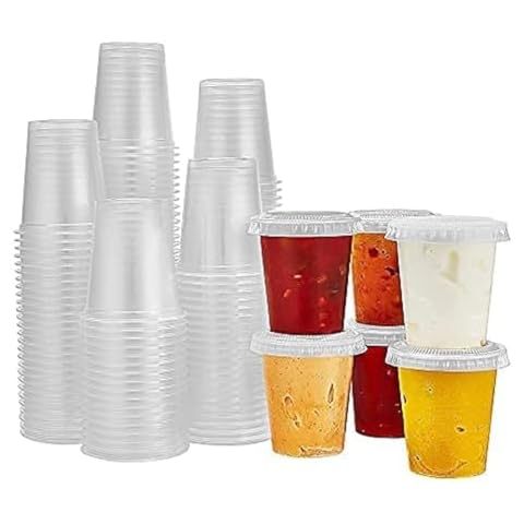 KingZak 150 Sets - 1.5oz, Disposable Mini Plastic Jello Shot Cups With Lids Perfect For Portion Souffle, Condiment, Dipping Sauce, Salad Dressing And More Cover