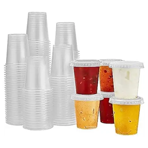 KingZak 150 Sets - 1.5oz, Disposable Mini Plastic Jello Shot Cups With Lids Perfect For Portion Souffle, Condiment, Dipping Sauce, Salad Dressing And More Cover