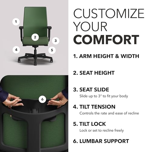 Image of HON Ignition 2.0 Mid Back Task Chair, Spectrum Mesh, Advanced Synchro-Tilt Control, Office Chair with Lumbar Support, Height and Width Adjustable Arms, Black Frame, Leaf