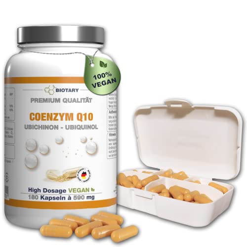 BIOTARY COENZYM Q10, 180 Kapseln a 200 mg, incl. Pillenbox, Hochdosierte Kapseln im 6 Monatsvorrat, Mit Vitamin C, B3, B7, schwarzem Pfeffer, Vegan, hohe Bioverfügbarkeit, Q10 Ubiquinol Ubichinon Cover