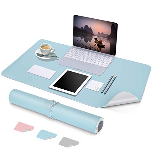 AECCN Alfombrilla de Escritorio, Estera del Escritorio, Vade para Escritorio Hecho de Cuero PU 80 * 40cm, Alfombrilla del Escritorio del Ordenador Portátil de Oficina/Hogar, Doble Cara (Azul/Plata)
