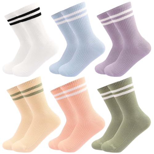 Image of 6 Pairs Solid Color Retro Striped Crew Socks for Women Girls