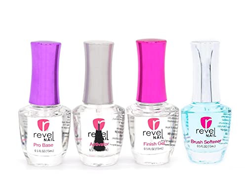 New Revel Nail Dip Liquid System - Set of 4: Pro Base, Activator, Finish Gel, Brush Softener