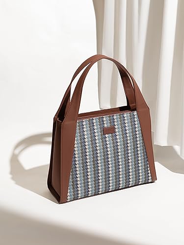 Image of ZOUK Printed Jute Handcrafted Vegan Leather Grey Women's Stylish Tote Bags | Trapezia Tote| Shoulder bag with double handle